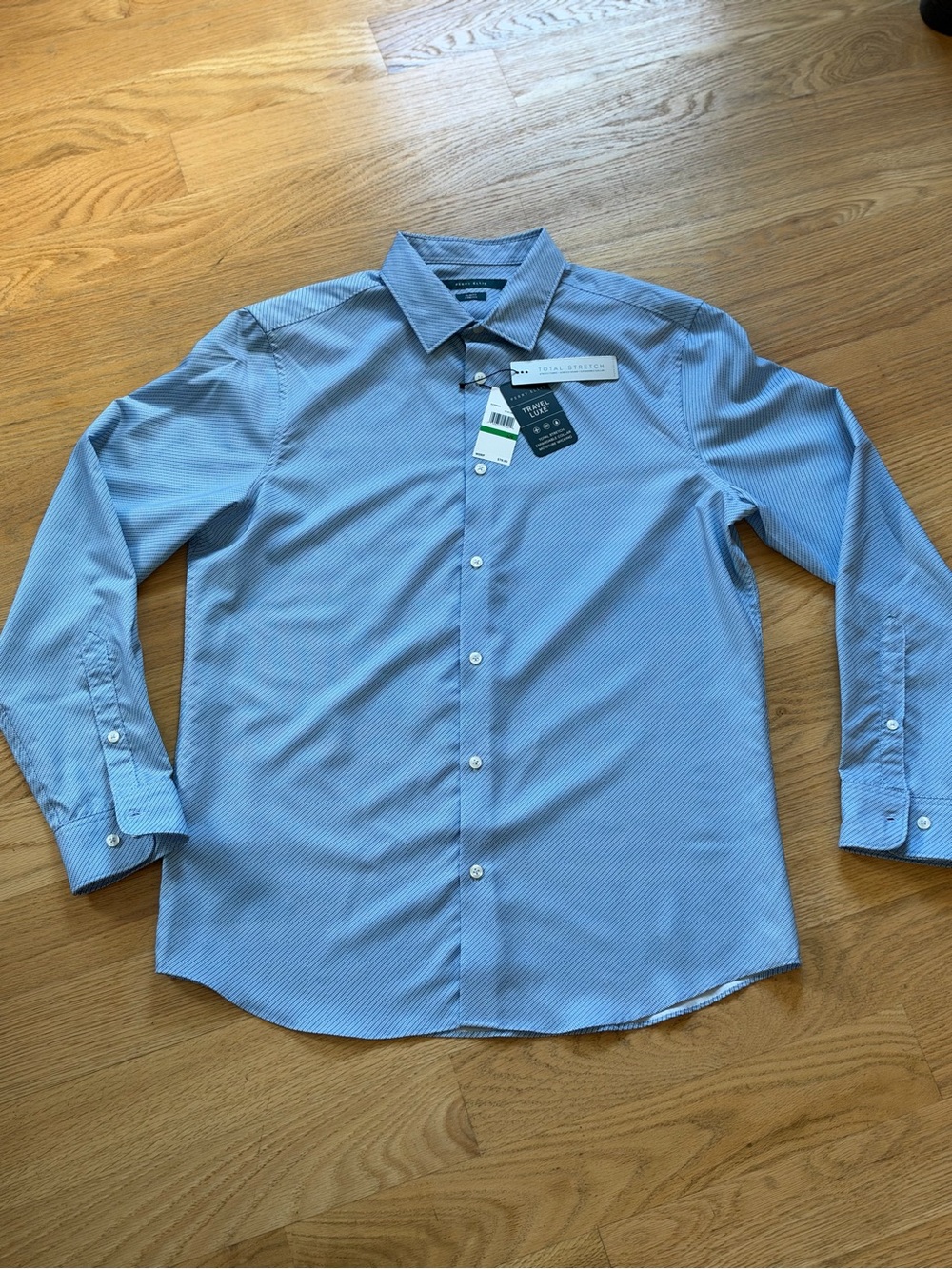 Perry Ellis Travel Luxe Stretch Moisture Wicking Slim Fit Blue Geo Dress Shirt L